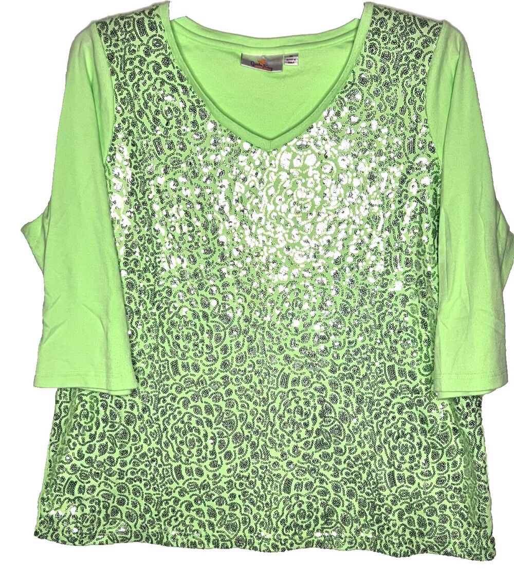 Quacker Factory Green Sequin Front 3/4 sleeve V-neck top Size 1x